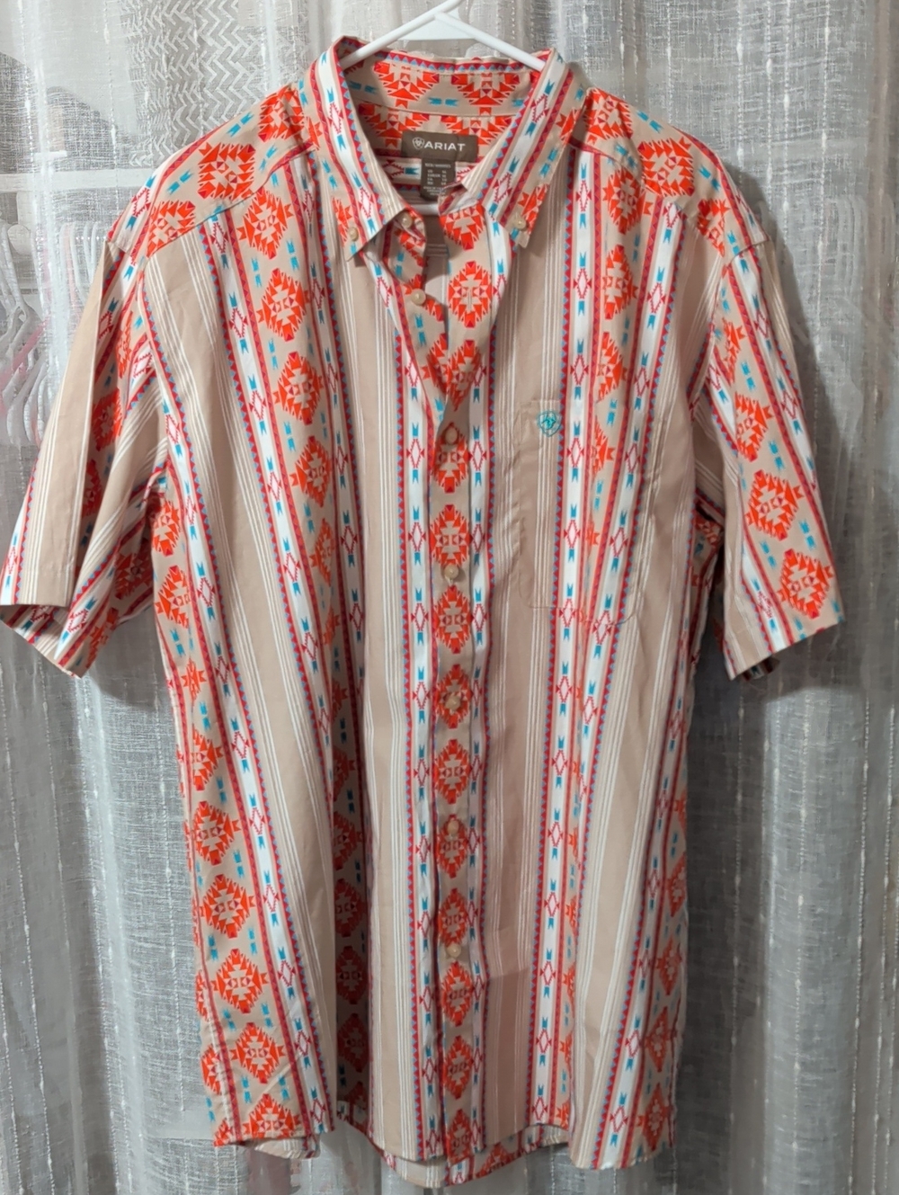 Ariat Short Sleeve Southwestern Camp Shirt in Coral, Turquoise & Cream